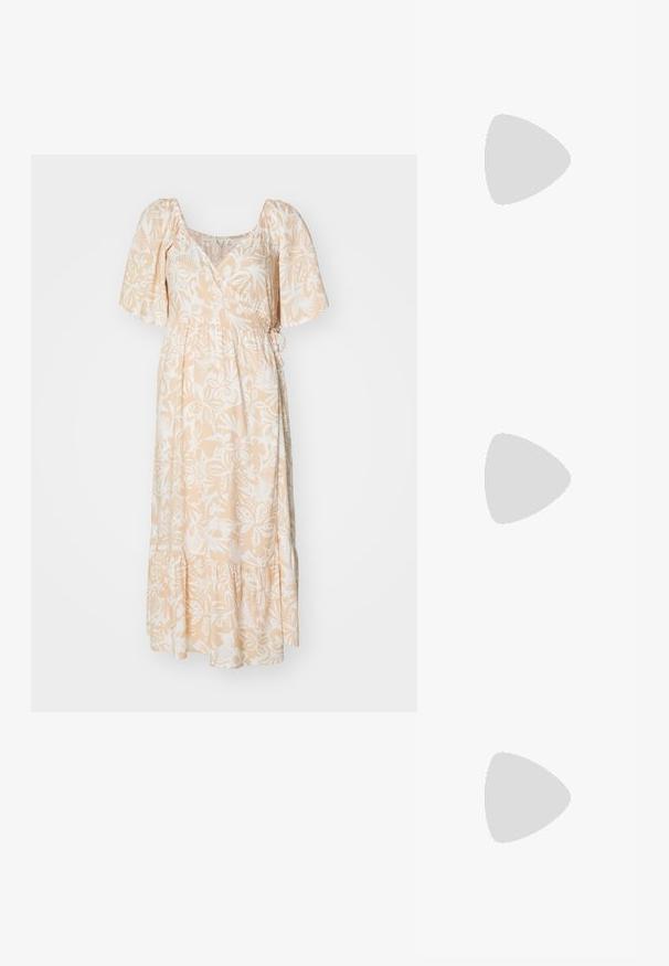 Maxikjole i lysepeach stoff med hvite blomster mønstre, korte pufferm, en smal midje og en volangkant.; Hvit lerrets sneaker med lavt design, rund tå og teksturert gummisåle. Har forsterket søm og sølvfargede «øyer» for snøring.; Rektangulære briller med klare linser, tynn sølvmetallramme og svarte acetat-tips. Har minimalt med maskinvare for et elegant design.; Beige håndveske laget av mykt materiale, med en slapp design, sydd detaljer og to skulderstropper. Passer for daglig bruk.