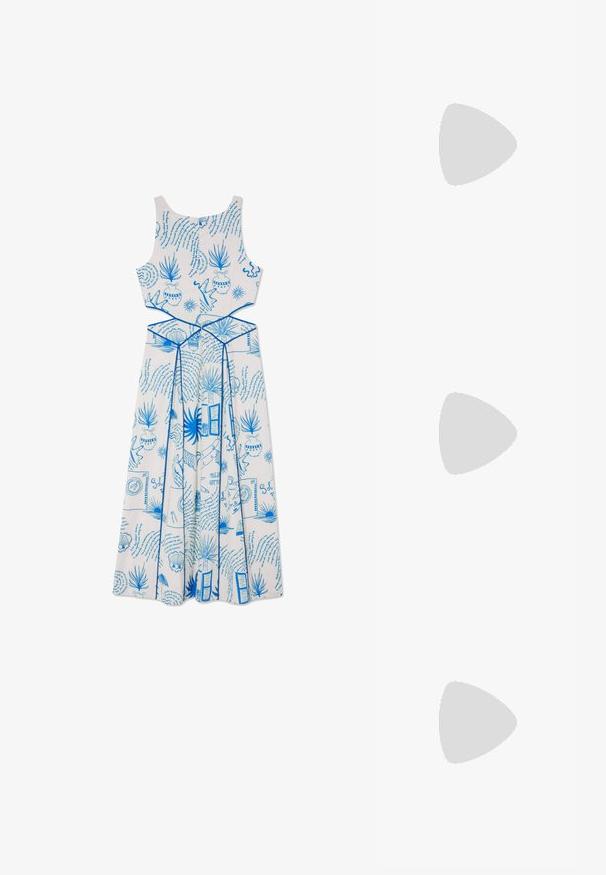 Bela brezrokavna obleka z modrimi potiski, vključno z rastlinami in oblikami, ki ima prilegajoč zgornji del in tekoč dizajn krila.; Zlati, kovinski slingback čeveljci z ostrim nosom in masivnim peto. Gladka tekstura, minimalistična zasnova in ozka zanka.; Črna usnjena torbica s ukrivljeno obliko, z odstranljivo naramnico in zlatimi dodatki. Torbica ima pokrov s podrobnostmi v obliki zaponke.; Zlati prstan z teksturiranim, valovitim dizajnom, ki ima tri izrazite vrhove. Gladka, sijoča površina z odprtim pasom za prilagodljivo prileganje.