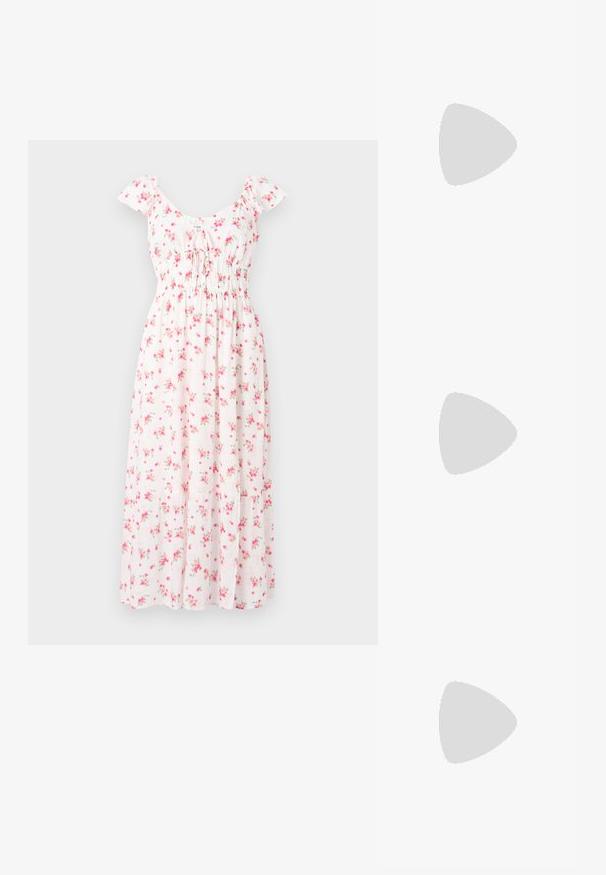 Balta ziedu maksi kleita ar rozā ziediem, īsām pūkainām piedurknēm un savilktu krūšu daļu. Mīksts kokvilnas audums ar plūstošu svārku dizainu.; Zeltīta metāla augstpapēžu sandale ar stūrveida bloka papēdi, divām siksniņām virs kājas un regulējamu potītes siksniņu. Gluda tekstūra.; Balta sintētiska soma ar trīsstūrveida formu, plakanu priekšējo vāciņu un loku detaļu, regulējamu siksnu, gludu tekstūru un minimālistisku dizainu.; Zelta tonī veidotas auskaru piekariņi ar ovālu izgriezumu caurspīdīgām kristālēm, kuras ieskauj mazākas caurspīdīgas akmeņu daļiņas, ar āķveida dizainu drošai valkāšanai.