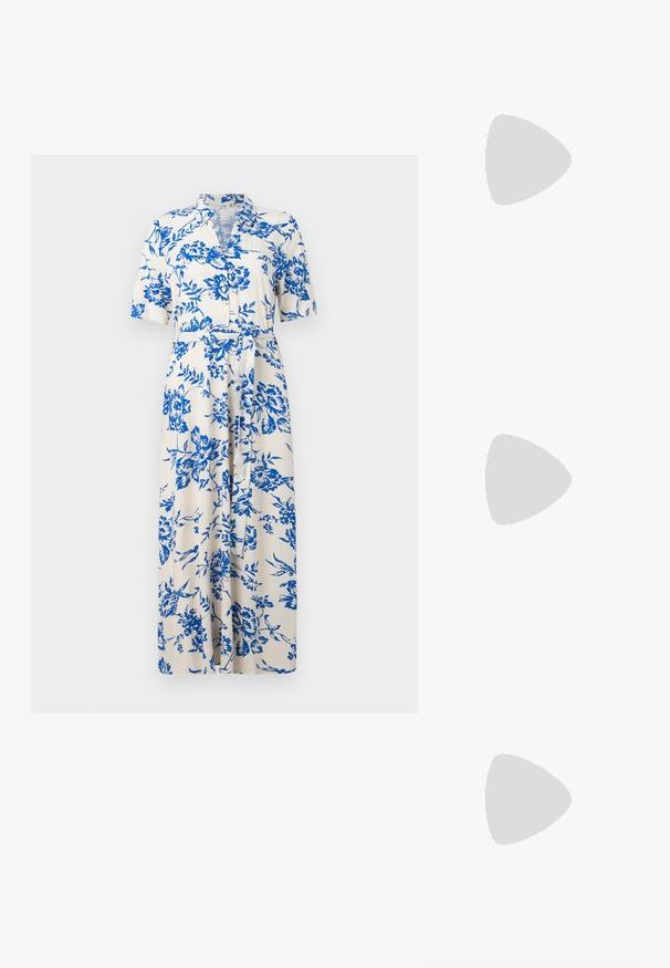 Abito a maniche corte in tessuto crema con motivo floreale blu, chiusura frontale a bottoni, vita cintrata e orlo fino al ginocchio. Design del colletto standard.; Bershka Sandali con tacco - black; Occhiali da sole neri e angolari con lenti grigie; realizzati in plastica, con aste spesse dalla superficie liscia e senza hardware visibile.; Borsa a pochette nera in suede con chiusura a zip e tracolla rimovibile. Presenta hardware in tonalità oro e una texture liscia e opaca.