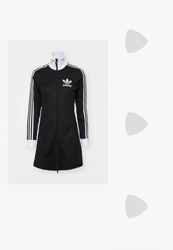adidas Originals TRACK DRESS - Vestito casual - black; Bershka Stivali con i tacchi - black; Even&Odd Occhiali anti luce blu - silver-coloured; Mango ANYA - Borsa a mano - middengrijs