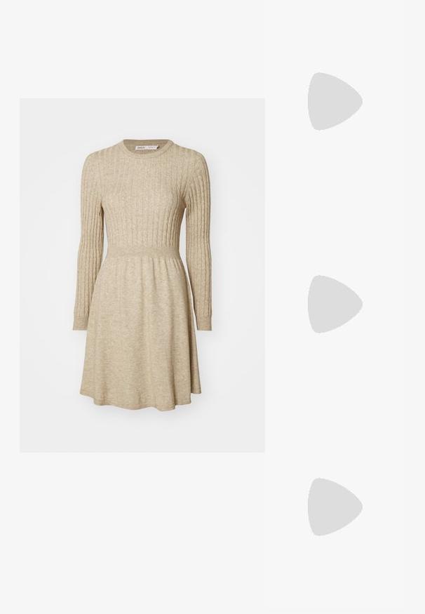 Beige ribbed knit dress with long sleeves, round neckline, fitted waist, and flared skirt. Soft texture with subtle color variation.; Black patent leather slingback heels with a pointed toe and a geometric block heel. Features a sleek, minimal design and smooth texture.; Black leather hobo bag with a smooth texture, curved shape, and single adjustable strap; features a wide opening at the top.; Gold-tone earrings featuring textured, wavy shapes. Includes sculptural clip-on studs and open hoop design with a hammered finish.