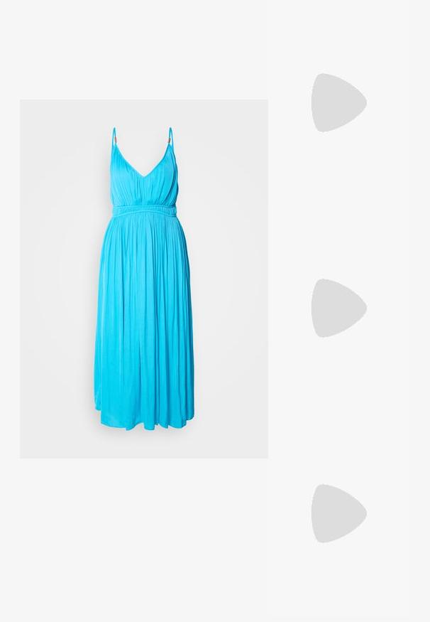 Sleeveless, deep V-neck dress in bright turquoise fabric. Features an elastic waist and flowing skirt with a smooth texture.; Black strappy sandal with a square toe and a low block heel. Features multiple thin straps and an adjustable ankle strap. Made of smooth leather.; Black leather crossbody bag featuring a smooth texture, rectangular shape, and a metallic chain detail on the front. Adjustable strap included.; Gold hoop earrings with a smooth, shiny finish. Circular design featuring a small post and clear backing for secure wear.