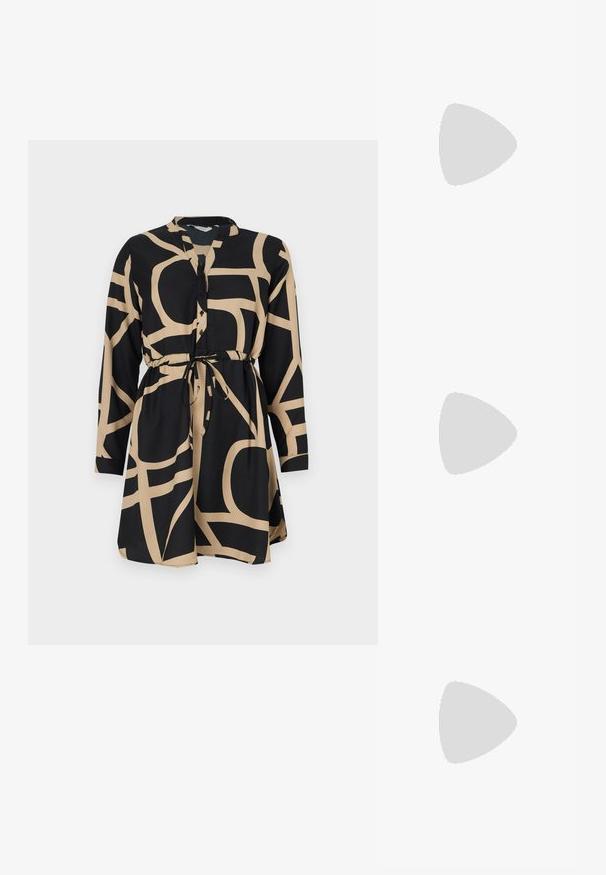 Must mustaga pikkade varrukatega ja vöödega. Omab kontrastset beezikat abstraktset mustrit. Valmistatud siledast kangast, sisaldab nööpidega esiosa.; Mustad musta lakknahk kingad, millel on terav varvas ja geomeetriline plokkkonts. Omab elegantselt minimalistlikku disaini ja sujuvat tekstuuri.; Mustmust mustraha kõverate joontega, eemaldatava rihmaga ja kuldsete detailidega. Kotil on klapp, millel on pandladetail.; Kuldne sõrmus tekstureeritud, lainelise disainiga, millel on kolm silmapaistvat tippu. Sile, läikiv pind ja avatud riba, mis võimaldab reguleeritavat sobivust.