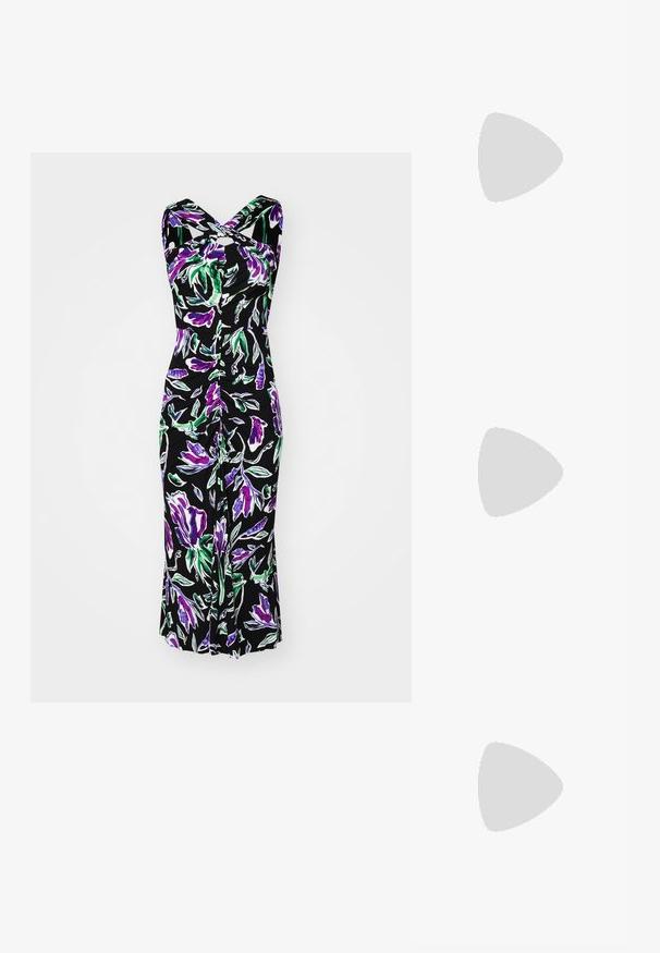 Diane von Furstenberg NEELY DRESS - Trikoomekko - violet; Lauren Ralph Lauren LOGAN METALLIC NAPPA LEATHER SANDAL - Sandaalit nilkkaremmillä - platinum; Valkoinen nahkalaukku tekstuuripinnalla, jossa on kultaketjuolkaimet ja mustia yksityiskohtia. Mukana etutasku ja vetoketjusulku.; Korvakorut kultasävytteistä metallista, joissa on kaareva, pitkänomainen muoto. Ominaisuuksiin kuuluu sileä, kiiltävä pinta ja pyöreä kärki lisäyksinä.