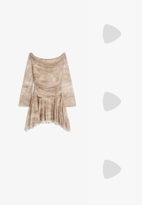 Long-sleeve dress in beige snake print, featuring a draped neckline, fitted bodice, and flared skirt with asymmetrical hem. Soft, textured fabric.; Fringe ankle boot in tan suede with three layered fringes. Pointed toe and a low block heel. Smooth texture throughout.; Brown leather hobo bag with a slouchy design and smooth texture. Worn casually by a model, featuring a large opening and rounded shape.; Gold-colored earrings with an organic, bean-like shape and smooth, reflective surface; features a minimalist design with no visible hardware.