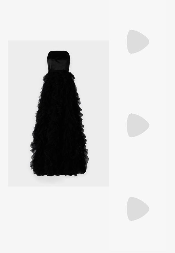 Ida Sjöstedt FRANCES GOWN - Společenské šaty - black; Mango Sandály na vysokém podpatku - black; Černá prošívaná kabelka se zlatým řetízkovým popruhem, s výraznou zlatou sponou a malou visačkou, která se pyšní texturovaným koženým povrchem.; Zlatý obdélníkový náramkový hodin s bílým ciferníkem, stříbrnými indexy a odolným kovovým náramkem. Obsahuje voděodolnou funkci.