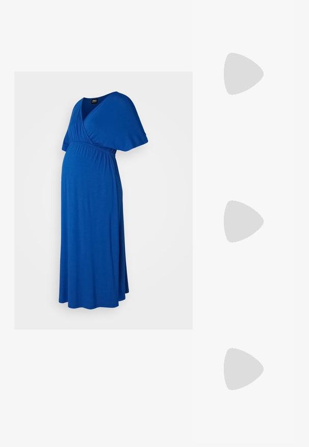 ONLY MATERNITY OLMAMAZE ALL IN ONE NURSING DRESS - Obleka iz džersija - mazarine blue; Zlate metalne sandale na visoki petek z angularnim blok petkom, dvema trakoma nad stopalom in nastavljivim trakom za gleženj. Gladka tekstura.; Črna usnjena torbica z gladko teksturo. Ima nastavljiv trak in eleganten, minimalističen dizajn z zadrgo.; Srebrn dvojni prstan z gladko, polirano površino. Ima tekoč, ukrivljen dizajn z prekrivajočimi se sekcijami za sodoben videz.