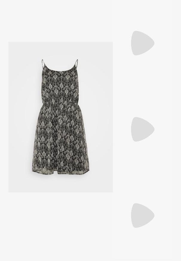 Rochie neagră cu un model floral în nuanțe deschise. Are bretele subțiri, talie r gathered și fustă evazată. Făcută dintr-un material ușor.; Pantofi cu toc slingback din piele lacuită neagră, cu vârf ascuțit și toc geometric. Prezintă un design elegant, minimalist și o textură netedă.; O pereche de ochelari de soare rectangulare cu rame translucide de un albastru deschis și lentile de culoare gri închis, având temple drepte și detalii hardware minime.; Geantă de umăr metalică aurie cu un design structurat, textură netedă și curea reglabilă. Prezintă o formă triangulară unică și cusături minimaliste.
