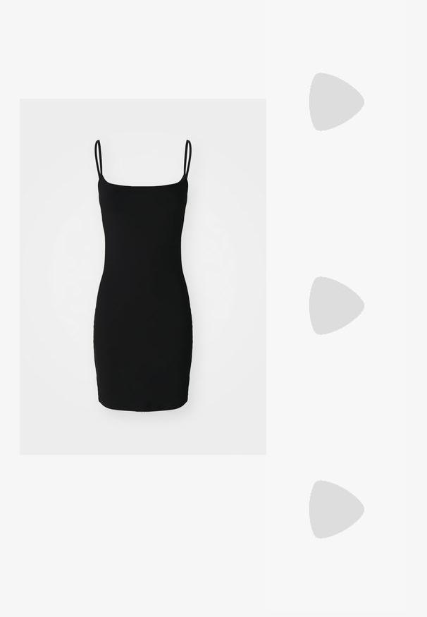Musta tiukka mekko ohuilla olkaimilla, neliömäisellä kaula-aukolla ja sileällä, joustavalla pinnalla. Polvipituinen ilman näkyviä kuvioita tai yksityiskohtia.; Musta patenttinaahkakengät, joissa on osoittava kärki ja pieni lohko korko, varustettuna hopeisella soljella hihnassa.; Silmät ovalit metalliväriset hopeakehyksiset, kirkkailla linsseillä ja tekstuurilla varustetuilla helmille. Kevyt muotoilu kaarevilla varsilla.; Setti 16 hopea-asketta, joissa on erilaisia tekstuureja, mukaan lukien sileät, kierretyt ja helmikuvioiset, järjestetty neljään riviin valkoisella taustalla.