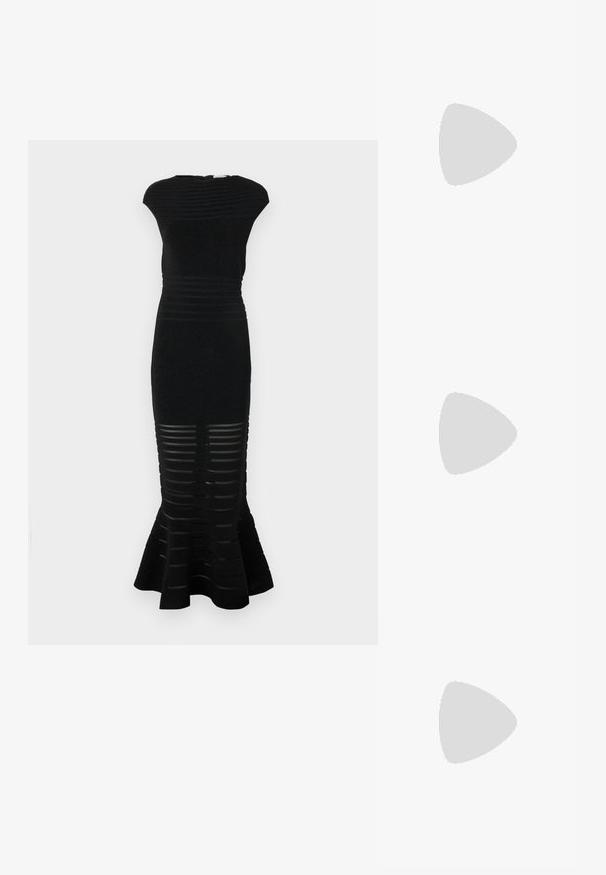 Must must, millede siluetiga, soonikkoesega ja lõhiku gamaate. Omab triibulisi lõikeid allosas ja kõrget kaelust.; Mustad nahast slingback kingad terava nina ja hõbedaste detailidega, madala plokkn红黑大战. Ühtlane, läikiv tekstuur kogu ulatuses.; Mustast nahast õlakott, mis omab siledat tekstuuri, ristküliku kuju ning esiküljel metallketi detaili. Reguleeritav rihm on kaasas.; Hõbedased ripatsid, millel on ruudukujuline studs, siledat ja poleeritud viimistlust ning pisarakuju, peegeldades valgust läikiva pinnaga.