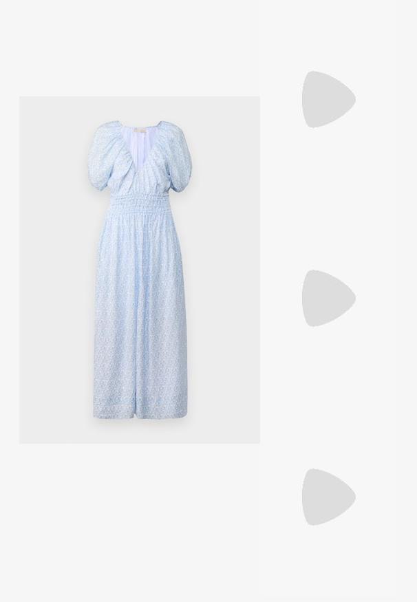 Faithfull the brand GERIBA  - Dienas kleita - mid blue; Melnas ādas šlipsveida kurpes ar norādītu purngalu, dekoratīvām joslām ar metāla acīm un zemu bloku papēdi. Teksturēta virsma.; Melni saulesbrilles ar taisnstūra objektīviem, ar spīdīgu apdari un zeltītām logo detaļām uz brillēm. Tumši pelēki objektīvi nodrošina UV aizsardzību.; Melnā iešūta ādas soma ar ķēdes siksnu, ar īkšķa akcentiem un ar rāvējslēdzēju. Tekstūrēta virsma ar spīdīgu apdari.