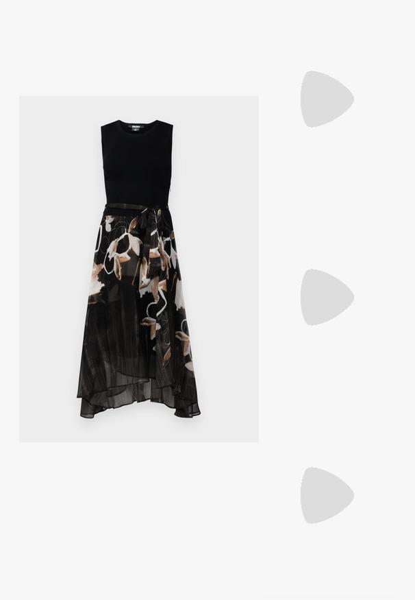 DKNY A LINE - Koktélruha / Partiruha - black/print/ black multi; Fekete lakkbőr bokacsizma ívelt orral, elasztikus oldalpanelek és vastag blokk sarkal. A hátsó részen dombornyomott logó található.; Fekete bőr kézitáska krokodilbőr mintázattal, karcsú formával és arany kiegészítőkkel. Egyetlen válltartó pánttal és domború logó részlettel rendelkezik.; Ezüst karika fülbevalók sima, fényes felülettel. Lekerekített forma, könnyű kialakítással, tűs zárómechanizmussal.