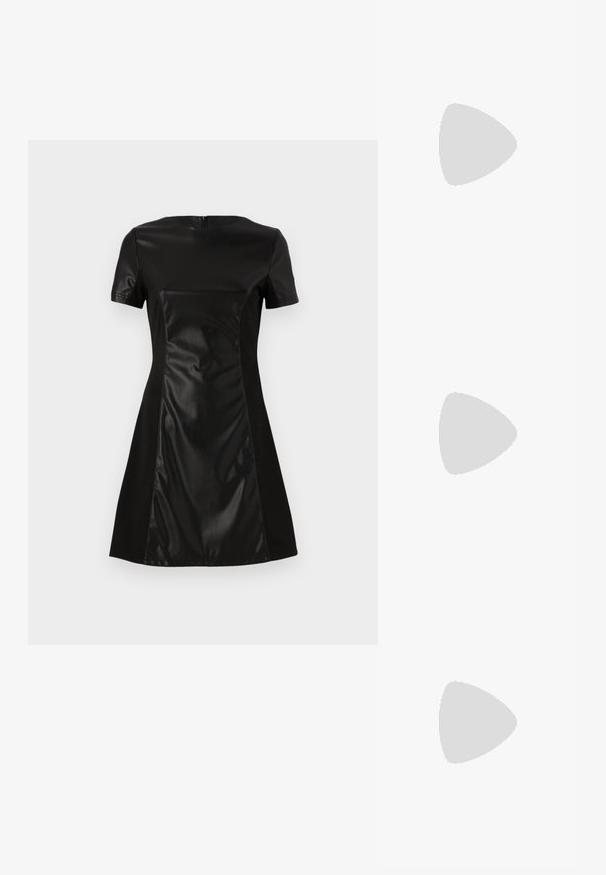 Black dress featuring a smooth faux leather front panel, short sleeves, and a flared skirt. The back has a discreet zipper closure.; Black patent leather slingback heels with a pointed toe and a small block heel, featuring a silver buckle accent on the strap.; Black leather handbag with a curved shape, detachable strap, and gold hardware. The bag features a flap with a buckle detail.; Gold-tone earrings featuring textured, wavy shapes. Includes sculptural clip-on studs and open hoop design with a hammered finish.