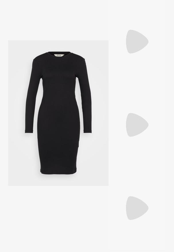 Vero Moda Petite VMLAVENDER O NECK DRESS - Trikoomekko - black; Kultaiset, metalliset slingback-kengät, joissa on teräväkärkiset ja paksut korot. Sileä pinta, minimalistinen muotoilu ja kapea hihna.; Mustat nahkakäsilaukku, jossa on sileä pinta. Varustettu säädettävällä hihnalla ja tyylikkäällä, minimalistisella muotoilulla, jossa on vetoketjukiinnitys.; Kultaiset rengas korvakorut kiemuraisella muotoilulla, joissa on teksturoitu pinta ja pieni lukko. Halkaisija on noin kaksi tuumaa.