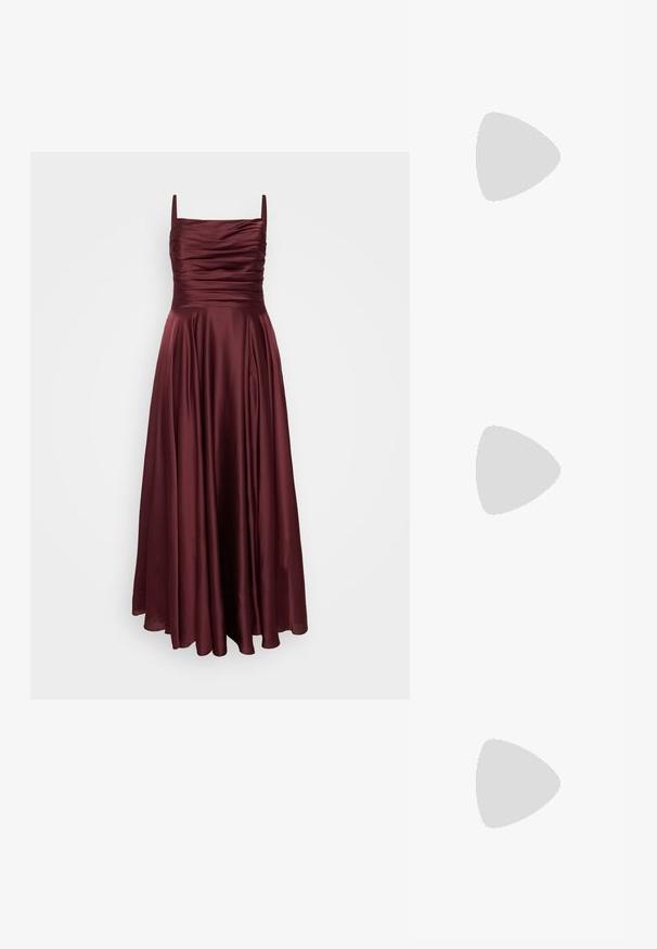 My Mascara Curves - Suknia balowa; Czarne lakierowane półbuty na obcasie z wydłużonym noskiem i geometrycznym słupkiem. Charakteryzują się eleganckim, minimalistycznym designem oraz gładką fakturą.; Czarna skórzana torebka o zakrzywionym kształcie, z odpinanym paskiem i złotymi akcentami. Torebka posiada klapę z zapięciem w kształcie klamry.; Złote metalowe kolczyki o eleganckim, zakrzywionym kształcie. Posiadają charakterystyczny szpiczasty kształt, polerowaną powierzchnię oraz zapięcie na zawias.