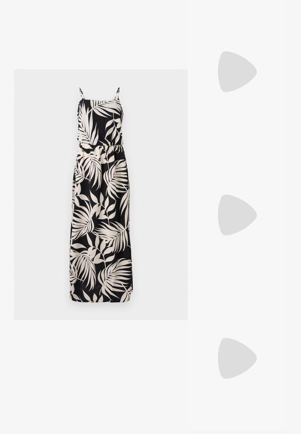 Svart maxikjole med et bladaktig beige mønster, justerbare stropper og elastisk midje for en tettsittende silhuett. Glatt stofftekstur.; Gull, metallisk slingback-hæler med spiss tå og chunky hæl. Glatt tekstur, minimalistisk design og en smal stropp.; Svart lærveske med en buet form, avtagbar stropp og gullbeslag. Vesken har et klaff med spenne-detall.; Gullfarget metalløredobber med et elegant, buet design. Har en karakteristisk spiss form, polert overflate og hengsel-lukking.