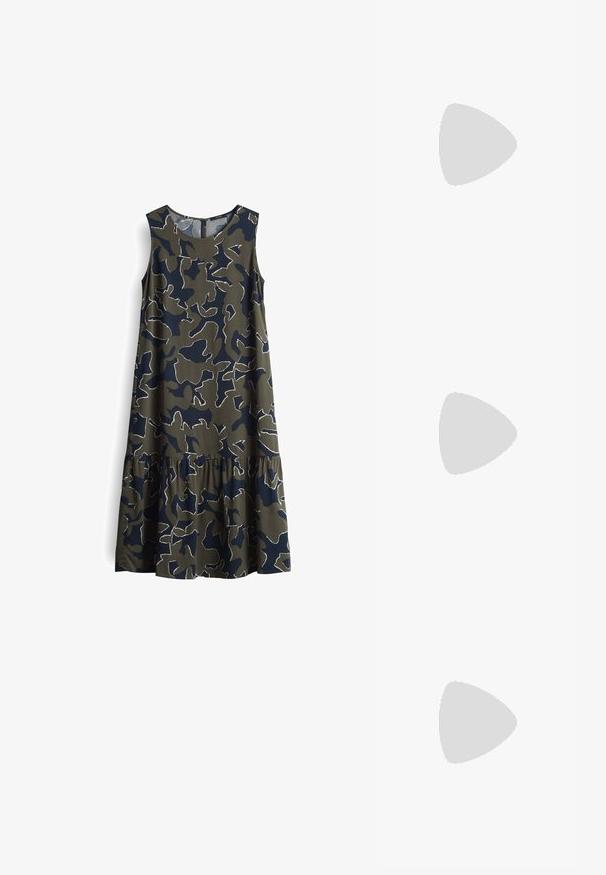 Sleeveless dress in olive green with navy abstract patterns and white outlines. Features a ruffled hem and round neckline.; Beige leather block-heel pump with a pointed toe, black trim along the opening, and a thin adjustable slingback strap with gold hardware.; Cream leather handbag with a crescent shape, gold hardware, black accents, and a removable strap. Features a chain detail and tag.; White pearl necklace with evenly sized pearls, smooth texture, and a silver clasp featuring an adjustable chain for length customization.