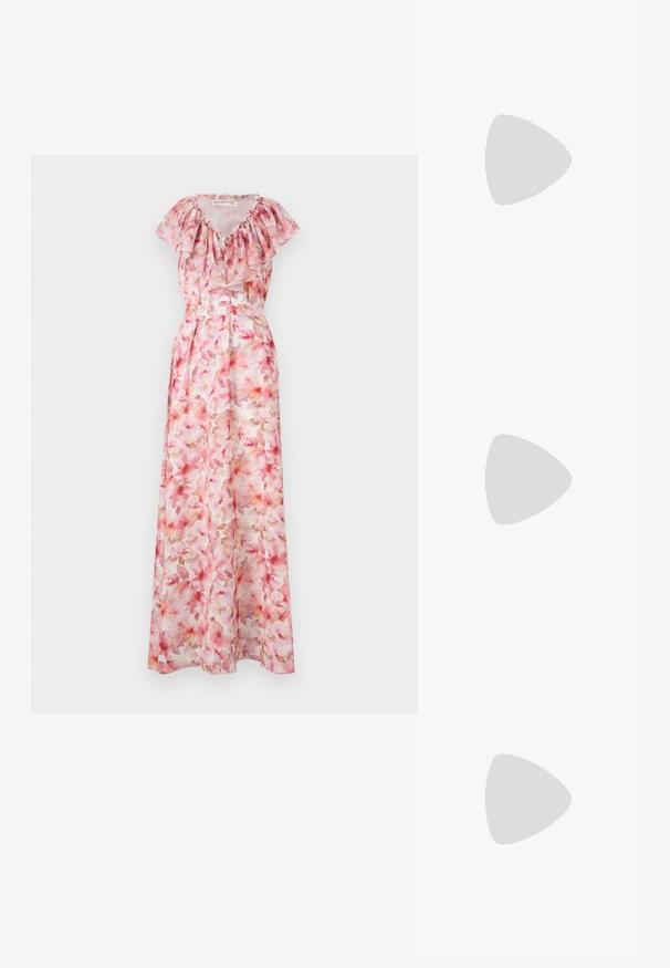 Gėlių maksi suknelė rožinėmis atspalviais. Turi raukšlėtą apykaklę, trumpas rankoves ir prigludusį liemenį. Pagaminta iš lengvos, permatomos medžiagos.; Hofmann Copenhagen EXCLUSIVE GENEVIVE - Viršus - off white; Bežinės slingback bateliai su perforuotu viršumi, smailiu nosiu ir kontrastinga trikampio formos pakulne, papuošta aukso akcentu. Apskritai sklandus paviršius.; Tortoise kiaurinių saulės akinių su pailgomis ovalo formos lęšiais, rudos spalvos atspalviu, auksinėmis logotipo detalėmis ant šakelių ir elegantiškais juodais rankenėlėmis.; Balta gėlių rankinė su susiraukšlėjusia audinio paviršiumi, auksinės spalvos grandinėlės dirželiu ir metaliniu uždarymu. Papuošta tekstūruotomis žiedlapėmis, pridėjančiomis detalių.