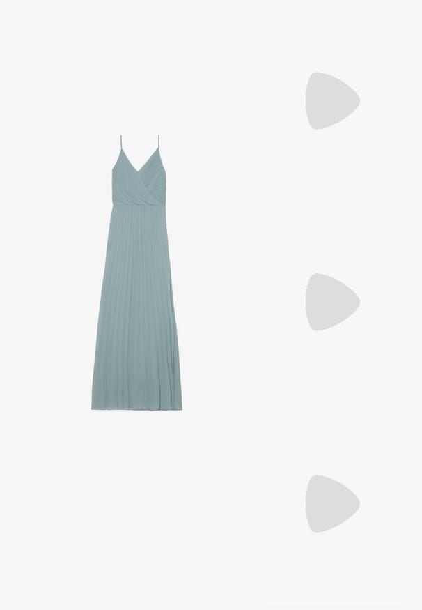 Light blue pleated dress with a wrap design, thin straps, and a flowing silhouette, made from a lightweight fabric.; Strappy high-heeled sandal in white leather with a sleek design, a transparent block heel, and a decorative element at the toe.; White structured handbag with short handles and a shoulder strap, featuring gold hardware accents and textured material, displayed against a grey background.; Set of gold-tone earrings featuring various designs, including studs, hoops, and dangling pieces with pearls and rhinestones.