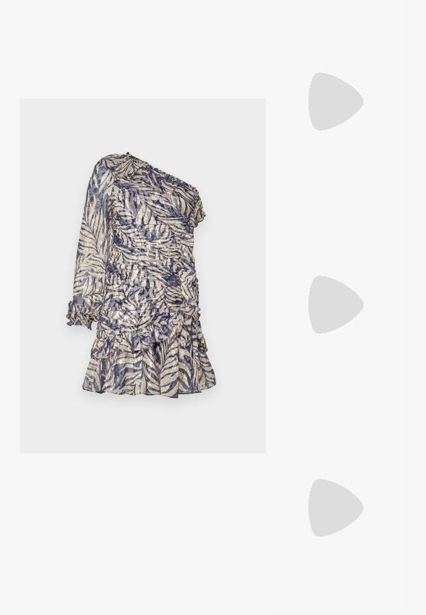 One-shoulder dress made of sheer fabric with a blue and beige leaf pattern, featuring ruched details and a ruffled hemline.; Black leather pump with a pointed toe and low heel. Features a smooth texture and subtle sheen. Open cut at the front for added detail.; Gold sequin clutch with a rectangular shape, featuring a twisted chain handle and a metal clasp closure, reflecting light with a textured finish.; Lauren Ralph Lauren BASIC SMALL HOOP - Earrings - gold-coloured