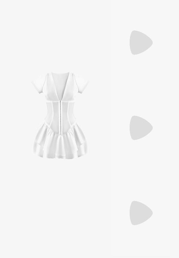 Robe blanche à manches courtes, décolleté en V profond, corsage ajusté et jupe à volants superposés. Tissu texturé avec fermeture éclair à l'avant.; Escarpins en cuir verni noir avec bout pointu et talon bloc géométrique. Présente un design élégant et minimaliste ainsi qu'une texture lisse.; Lunettes de soleil écaille de tortue avec des verres marron, forme ovale élégante et finition brillante. Présente des accents argentés discrets sur les montures.; Sac à main en cuir noir matelassé avec quincaillerie dorée, doté d'une bandoulière chaîne et du logo VALENTINO sur le devant. Design compact et rectangulaire.
