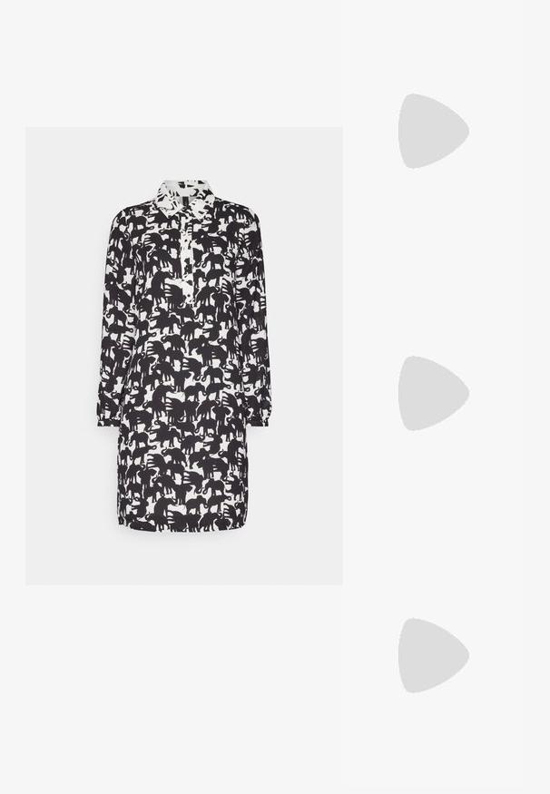 Black and white shirt dress featuring a patterned design of elephants, long sleeves, a collar, and button closure. Smooth fabric texture.; Black heeled sandal with braided strap design, square toe, and adjustable ankle strap. Light beige footbed with a glossy black heel.; Black leather handbag with a curved shape, a single strap, zip closure, and subtle branding on the front. Smooth texture, minimalist design.; Gold-colored hoop earrings with a smooth, curved design. Made of metal, featuring a sleek finish and post-back closure.