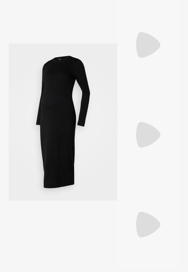 Vestido preto de manga longa feito de um tecido elástico, com decote redondo e corte reto que chega até a meia perna.; Botim de pele preta até ao tornozelo com biqueira pontiaguda e salto bloco. Textura lisa, design minimalista e silhueta alta.; Bolsa tote preta em couro com duas alças longas, textura suave e forma estruturada. Apresenta um bolso frontal para armazenamento adicional.; Brincos de argola prateados com um acabamento suave e brilhante. Forma arredondada, design leve, com fecho de pino.