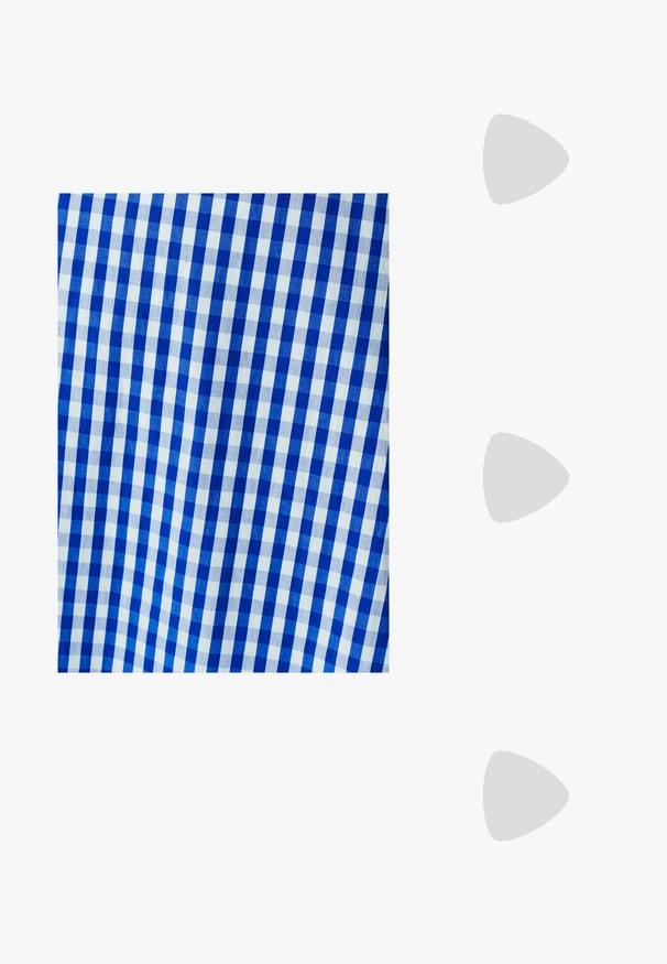 Sininen ja valkoinen ruudullinen kangas, jossa on tasaiset neliöt. Pinnassa näyttää olevan sileä ja kudottu rakenne.; Musta patenttinen nahkainen slingback-kengät, joissa on terävä nenä, nilkkahihnat hopeisilla soljilla ja varusteilla sekä hoikka korko.; Suorakulmaiset, kirkaslinssiset lasit, joissa on ohut hopeanvärinen metallikehys ja mustat asetaattisovitukset. Ominaisuuksina minimaaliset osat, jotka luovat sulavalinjaisen muotoilun.; Musta nahkainen käsilaukku, joka on kaareva muotoilultaan, irrotettavalla hihnalla ja kultaisilla yksityiskohdilla. Laukussa on läppä, jossa on solk yksityiskohta.