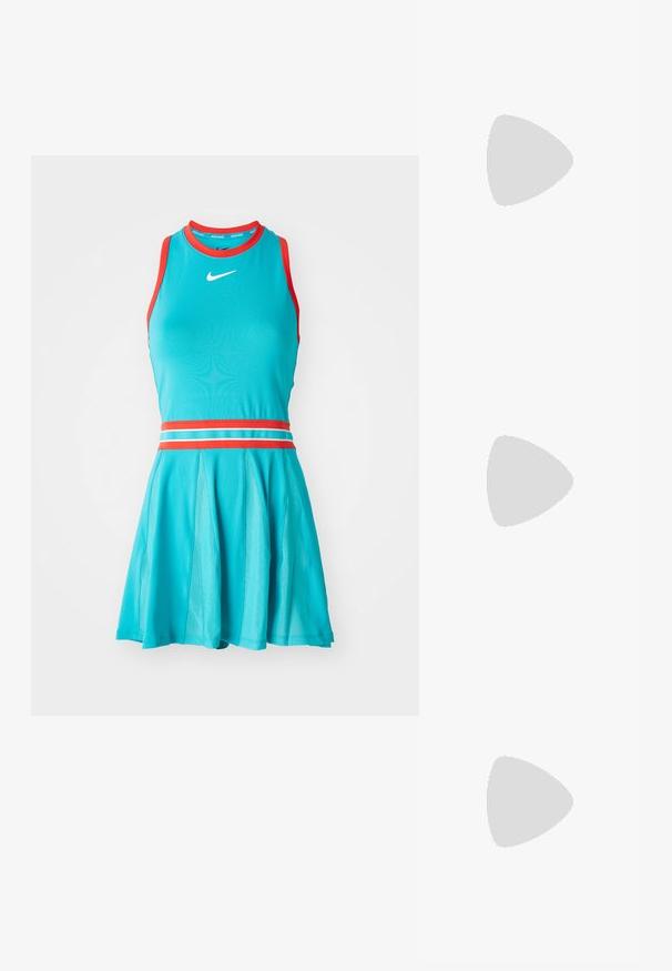 Turquoise athletic dress with red accents, featuring a sleeveless design, round neckline, and a flared skirt with striped details.; Black heeled sandals with multiple thin straps and a wide block heel. Sleek design with a matte texture. Footbed has a slight curve.; Black sunglasses with a sleek, angular design. They feature dark lenses, a glossy finish, and a gold accent on the temple.; Pink leather handbag with a curved flap, single shoulder strap, and clean lines. The bag exhibits a smooth texture and minimalistic design.; Silver double-band ring with a smooth, polished surface. Features a fluid, curved design with overlapping sections for a modern look.