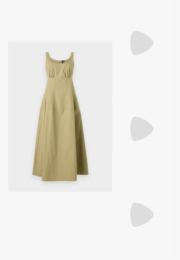 Ελαιόχρυσο χωρίς μανίκια φόρεμα με τετράγωνη λαιμόκοψη, συγκεντρωμένη μέση και φαρδιά φούστα. Φτιαγμένο από ελαφρύ ύφασμα.; Λευκό παρθένο δερμάτινο παπούτσι slingback με κομμένο δάχτυλο και χαμηλό τετράγωνο τακούνι. Διαθέτει μια διακριτική ζώνη με λεπτομέρεια από χρυσό τόνο στην αγκράφα.; Γυαλιά ηλίου με καβούρι σε σχήμα οβάλ, καφέ φίλτρο, λεπτά χέρια με υφή, ελαφρύ πλαστικό σκελετό.; Κίτρινη τσάντα φουσκωτού κροκοδείλου με δομημένο σχέδιο, επάνω χερούλι, αποσπώμενο αλυσίδα και διακοσμητική κρυστάλλινη επένδυση στο κούμπωμα.