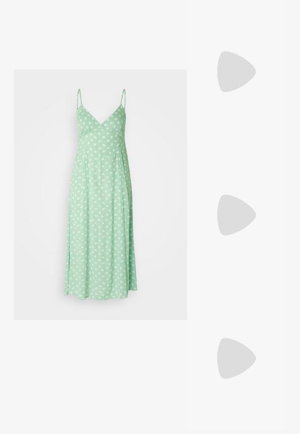 Rochie verde deschis realizată dintr-un material moale, cu bretele subțiri ajustabile și un model floral cu flori albe. Siluetă în formă de A.; Balerini negre din piele, decorati cu strasuri argintii. Include o curea peste glezna și un design cu vârf rotund.; Ochelari de soare cu rame ovale, lentile verzi, față din plastic negru și brate subțiri din metal aurit. Prezintă un design minimalist cu o textură netedă.; Geantă din piele sintetică neagră, cu un design curbat, buzunar frontal cu fermoar și accesorii decorative, având un portmoneu rotund detașabil.
