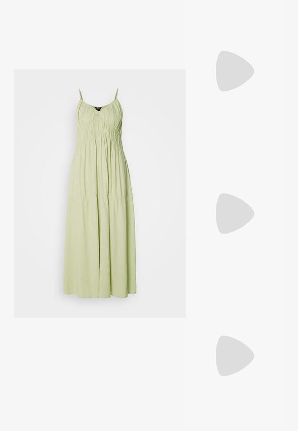 Vaaleanvihreä pitkä mekko, jossa on ohuet sangat, kerätty bodice ja hulmuava hame. Valmistettu pehmeästä kankaasta, jossa on sileä rakenne.; Musta nahkainen balettikenkä, jossa on terävä kärki, säädettävä hihna ja matala korko; sileä pinta ja minimalistinen muotoilu.; Musta nahkainen kassi, jossa on kaksi pitkää kahvaa, sileä pinta ja jämäkkä muoto. Sisältää etutaskun lisävarastointia varten.; Hopehope hopeilla, joissa on minimalistinen muotoilu. Pyöreä muoto, sileä pinta ja ohut profiili. Kevyet ja kiillotetut.