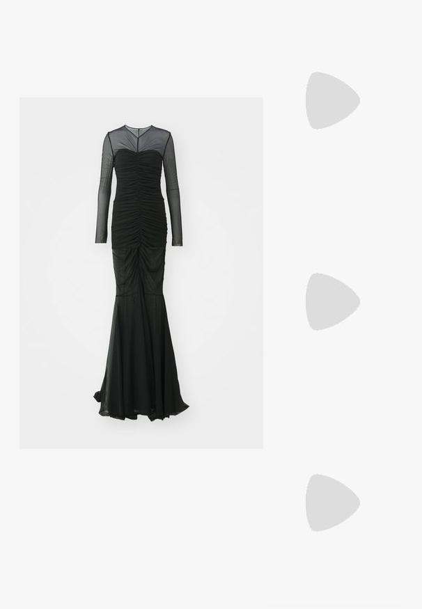 Norma Kamali VNECK SHIRRED FRONT FISHTAIL GOWN DRESS - Alkalmi viselet - black; Fekete lakk slingback sarok, hegyes orral, texturált kígyómintával, állítható pánttal és rövid, texturált tömbsarkal.; Fémes arany bőr clutch táska textured felülettel, arany lánc pánttal és levehető vállpánttal. Márkájának logója debösszel.; Fekete fonott zsinór nyaklánc, polírozott arany szív medállal, sima vonalakkal és fényes felülettel.