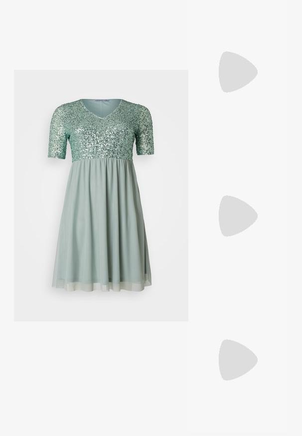 Anna Field Curvy Robe de soirée - light green; Escarpins en cuir verni noir avec bout pointu et talon bloc géométrique. Présente un design élégant et minimaliste ainsi qu'une texture lisse.; Sac à main en cuir noir avec une forme courbée, bandoulière amovible et des accessoires en or. Le sac est doté d'un rabat avec un détail de boucle.; Boucles d'oreilles dorées présentant des formes texturées et ondulées. Comprend des clips sculpturaux et un design de créoles ouvertes avec une finition martelée.