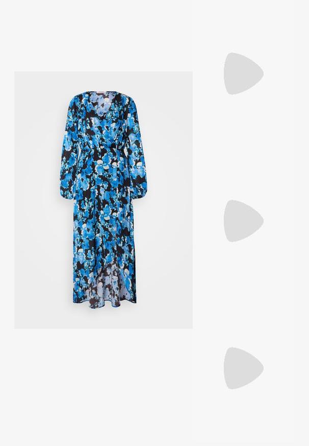 Rochie lungă cu un model floral în nuanțe de albastru pe un fundal negru. Fabricată dintr-un material ușor, cu un decolteu în V și mâneci lungi.; Sandal cu barete negre, cu vârf pătrat și toc mic de bloc. Prezintă mai multe barete subțiri și o bareta ajustabilă la gleznă. Fabricat din piele netedă.; Geantă de umăr din piele neagră, cu o textură netedă, formă rectangulară și un detaliu din lanț metalic în față. Include curea reglabilă.; Cercei cercuri din aur cu un finisaj neted și strălucitor. Design circular cu un mic suport și un spate transparent pentru o purtare sigură.