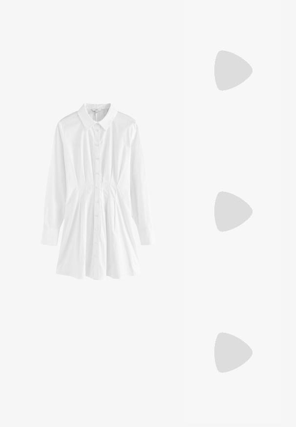 Vit knytblus med krage, lång ärm och veckad detalj på sidorna. Tillverkad av lätt tyg med en slät yta.; Beige platt sandal med flera smala remmar och ett justerbart spänne. Sulan är platt med en lätt mörk kontrast vid kanten.; Krämfärgade solglasögon med oval linser, svart toning och metalliska logotypdetaljer vid bågarna. Slät yta, kattöga-design.; Vit läderhandväska med en strukturerad design, med en magnetknäppning och en axelrem, visad mot en neutral bakgrund.