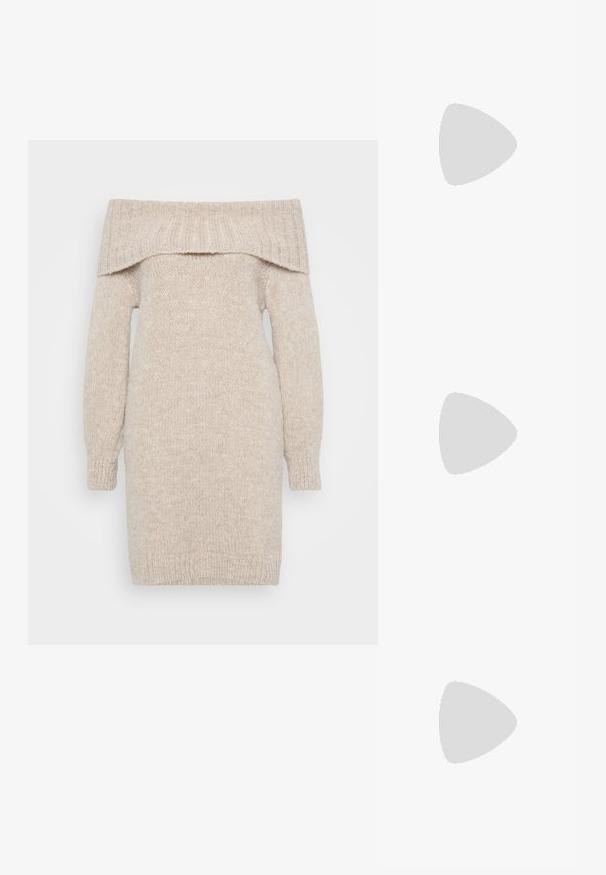Bežikootud õlgadele langev kleit pikkade varrukatega, ribakraega ja tekstuurse kangaga. Sirge lõige, keskkõrva pikkus, mansettidega varrukad.; Even&Odd Petite 2 PACK - Topp - light grey/black; Mustad musta läikiva nahaga loaferid, millel on jäme must tald ja kuldsed detailid. Sujuv tekstuur ja ümar varvaste disain.; Hõbedased metallist rõngastooted, millel on harjatud tekstuur, ümmargune disain ja selge tagumine post, tagamaks kindlat kandmist.