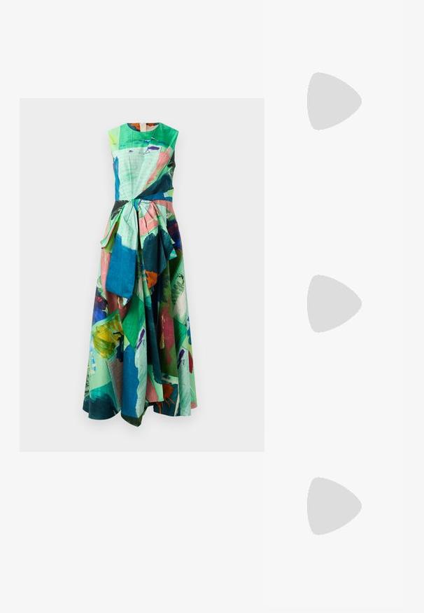 Colorful sleeveless dress featuring a mix of green, pink, and blue abstract patterns, with a tied waist detail and flowing fabric.; White leather sneakers, low-top design, featuring a smooth texture, round toe, laced front, and a small embroidered logo on the side.; Black leather half-moon bag with a gold hardware accent, featuring a zip closure. Worn crossbody over a gray sweater.; Gold-tone knot stud earrings with a twisted design. Each earring features a circular clear backing for secure wear.