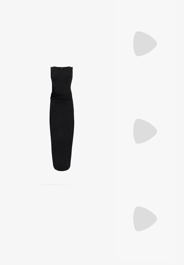 AllSaints KATARINA - Φόρεμα από ζέρσεϊ - black; Μαύρες ψηλοτάκουνες σανδάλες με λεπτές λωρίδες και σχέδιο με κόμπους, λείο τετράγωνο μπροστινό μέρος και κομψό τακούνι στιλέτο.; Ανοικτό γκρι μεταλλική τσάντα χειρός με αλυσίδα, διακοσμημένη με μικρούς κυκλικούς μεταλλικούς στύλους και ένα τριγωνικό λογότυπο της μάρκας.; Ασημένια σκουλαρίκια κρίκοι με λεία, λαμπερή φινίρισμα. Στρογγυλό σχήμα, ελαφρύ σχέδιο, με κλείσιμο τύπου πίσω.