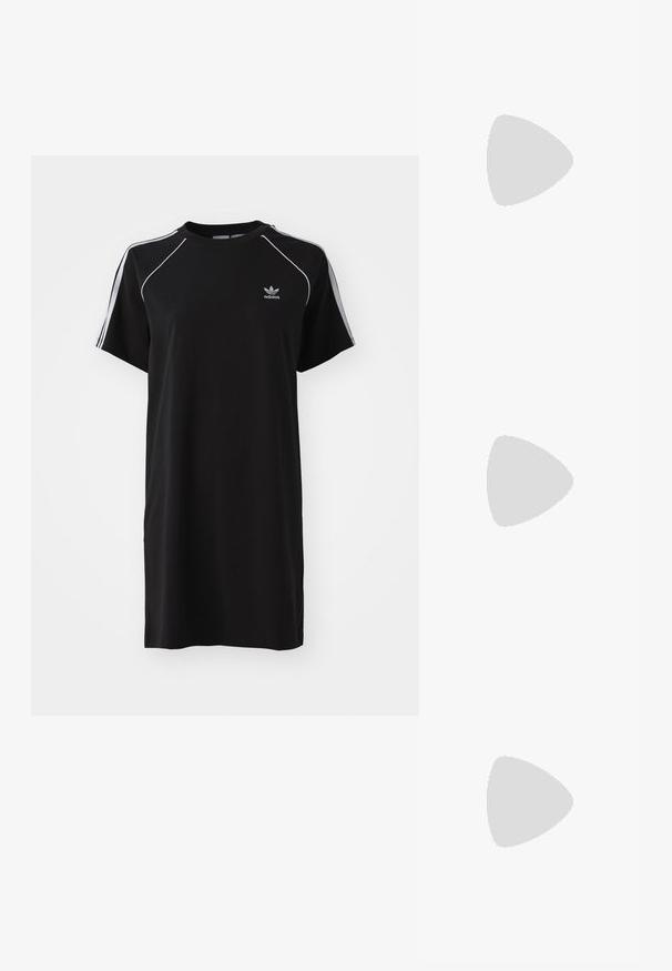 Juoda trumpa rankovė suknelė, pagaminta iš minkštos medžiagos, su baltomis šoninėmis juostelėmis, apvaliu iškirpimu ir mažu logotipu ant krūtinės.; Auksiniai, metaliniai slingback aukštakulniai bateliai su smailiu pirštu ir masyviu kulnu. Lygus paviršius, minimalizmo dizainas ir siaura juostelė.; Juodas odinis krepšys su išlenkta forma, nuimamu dirželiu ir auksiniais detalėmis. Krepšys turi kilpą su sagtimi.; Auksinės spalvos žiedas, turintis organišką, sukimosi dizainą su lygiu paviršiumi ir siaurėjančiais galais, sukuriantis modernią skulptūrinę išvaizdą.