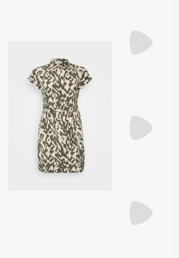 Short-sleeve dress with a button-up front, featuring an olive and cream abstract print, soft fabric, and a tie belt at the waist.; Black patent heeled sandals with a square toe, ankle straps, and silver buckles. Features a chunky block heel for stability.; Gold metal eyeglasses with oval lenses, slim arms, and clear nose pads. Features subtle hinge accents and transparent lenses.; Black leather handbag with a curved shape, detachable strap, and gold hardware. The bag features a flap with a buckle detail.