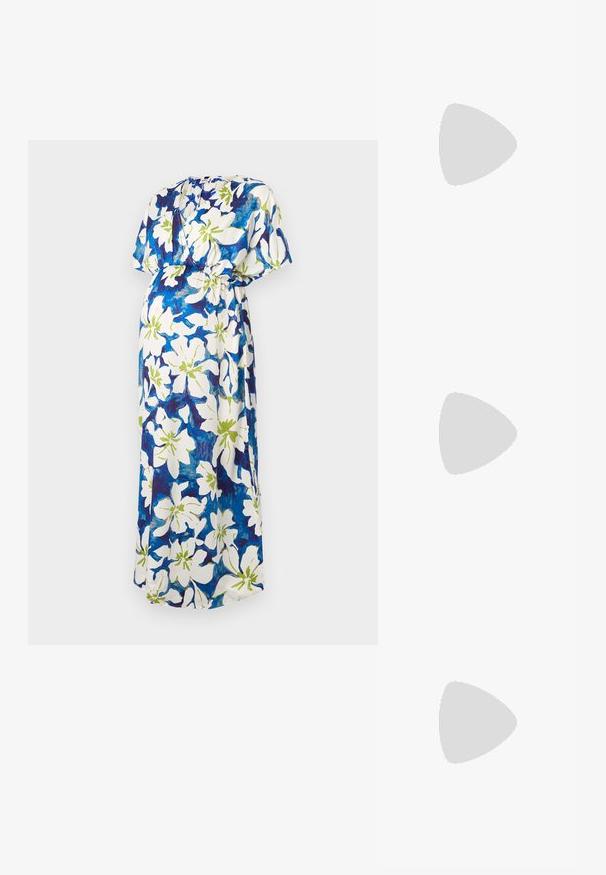 Maxi dress with short sleeves, featuring a white base and a floral pattern in blue and green. Gathered waist design for a relaxed fit.; Black pointy-toed slingback shoe with a low heel, featuring smooth leather material and cut-out design on the side for breathability.; Black handbag with dual short handles and a removable shoulder strap. Smooth leather-like material with a zip closure and logo detail.; Three metal rings: one rose gold, one gold with textured accents, and one silver, all with engraved branding on the inner band.