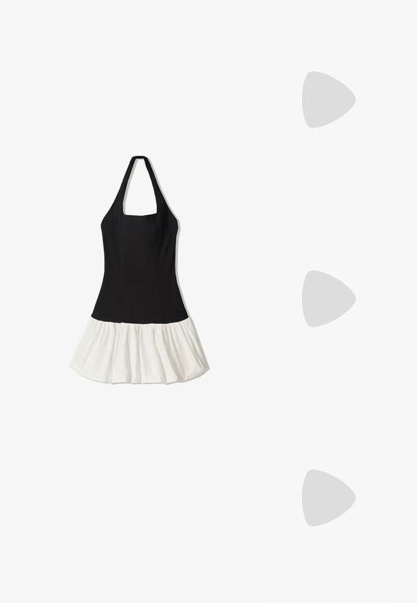 Bershka BALLOON - Shift dress - black; Even&Odd by Zalando High heeled sandals - black; Even&Odd by Zalando BUCKLE - Cross body bag - black; Gold-tone hoop earrings with a smooth, polished finish. Features a half-circle shape and a secure post closure.