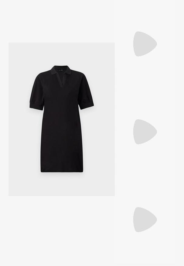 Black polo dress with short puff sleeves, a deep v-neck, and a relaxed fit. Made of soft fabric, it features a solid color with no patterns.; White cotton t-shirt featuring a large, bright red lobster graphic on the front. Short sleeves and standard crew neck design.; White high-top canvas sneaker with black rubber sole, front rubber toe cap, and six eyelets for laces, featuring a clean, minimalist design.; Red leather handbag with an angular, geometric design. Features a single adjustable strap and a flap closure with stitched detailing.