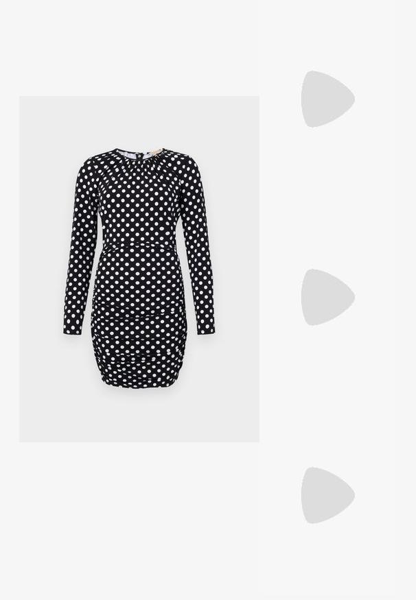 Long-sleeve dress in black fabric with white polka dots, featuring gathered detailing and a fitted silhouette. Smooth texture, above-knee length.; Black leather ballet flat with a rounded toe, smooth texture, minimal stitching detail, and a flexible sole design.; Black leather handbag with a textured surface, curved shape, and a single strap; features gold hardware and a logo on the front.; Gold-tone knot stud earrings with a twisted design. Each earring features a circular clear backing for secure wear.