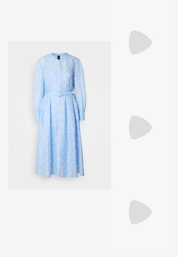 Light blue long-sleeve dress with white polka dots, button-up front, and belted waist. Features a round collar and pleated skirt.; Pointed-toe slingback shoe in off-white leather, featuring a low heel and cut-out design with a smooth texture and minimal accents.; Black leather handbag with a structured design, featuring a cropped shape, top handle, and gold hardware accent. Adjustable shoulder strap included.; Silver metal hoop earrings with a smooth, shiny surface and a structured, rounded design. Features a hinged clasp for secure wear.
