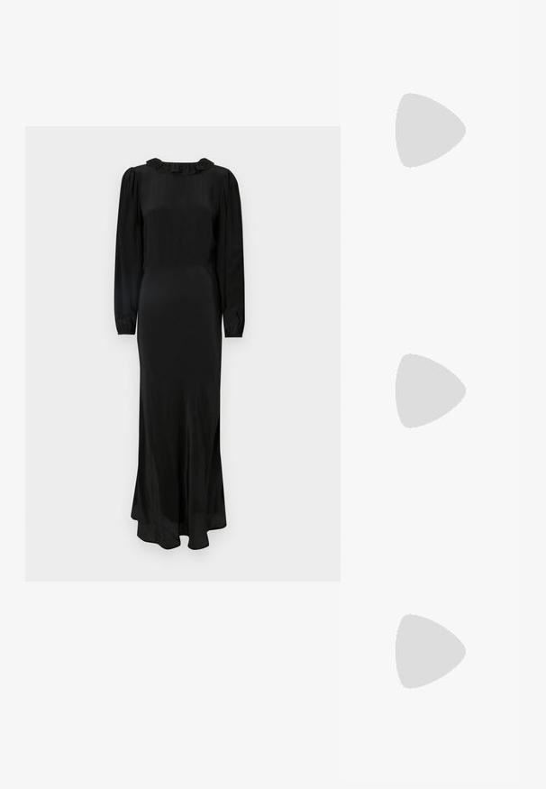 Black long-sleeve dress in smooth fabric with a ruffled neckline, fitted bodice, and flowing skirt, featuring a subtle hemline.; Black patent slingback heel with a pointed toe, featuring textured snake print, adjustable strap, and a short, textured block heel.; Black leather crossbody bag with two front pockets, gold buckles, zipper closure, and a slim strap. Textured surface and compact rectangular shape.; Gold-tone metal hoop earrings with a curved, elongated shape. Features a smooth, shiny surface and a rounded tip for added detail.