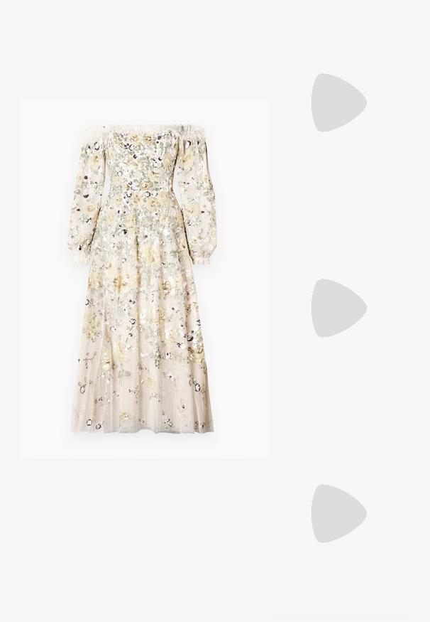 Rochie cu umerii la vedere, cu mâneci lungi din material transparent, decorată cu paiete florale în culori pastelate. Prezintă un corset ajustat și o fustă fluidă.; Sandale cu toc înalt, cu curelușe, de culoare aurie metalizată, având un toc texturat, vârful deschis și curea pe gleznă cu detalii din aur.; Geanta dintr-un material auriu cu o textură șifonată, având o formă rectangulară, dotată cu un sistem de prindere cu lanț și un zăvor în partea de sus. Finisaj neted și strălucitor.; O pereche de cercei din metal de culoare aurie, cu formă ovală neregulată, având o suprafață texturată, ușor ciocănită, pe un fundal alb.