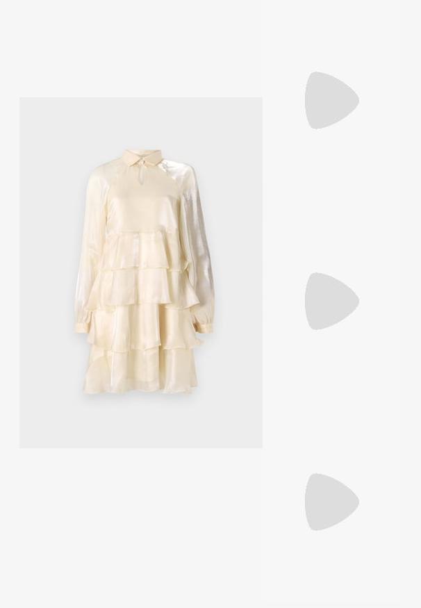 Ivory tiered dress with long sleeves, collared neckline, keyhole detail, and a smooth, shiny satin texture. Features ruffled layers.; Anna Field Classic heels - fudge; Anna Field Handbag - offwhite; Anna Field 6 PACK - Ring - gold-coloured